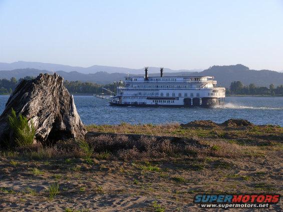Riverboat moving on a body of water with hills in the background and a large tree stump in the foreground