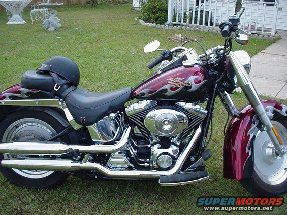 Maroon Harley-Davidson motorcycle with flame decals, parked on grass