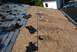 1996 Ford Bronco - A damaged roof shows missing shingles and exposed plywood, with a blue car visible in the background.