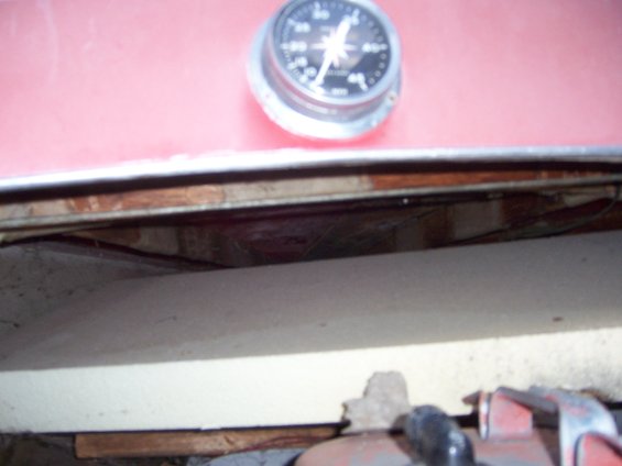 Close-up of a gauge with a black face and white markings, mounted on a red surface