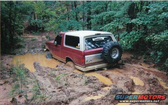 Red and white Ford Bronco stuck deep in mud on a wooded trail. Spare tire mounted on the back
