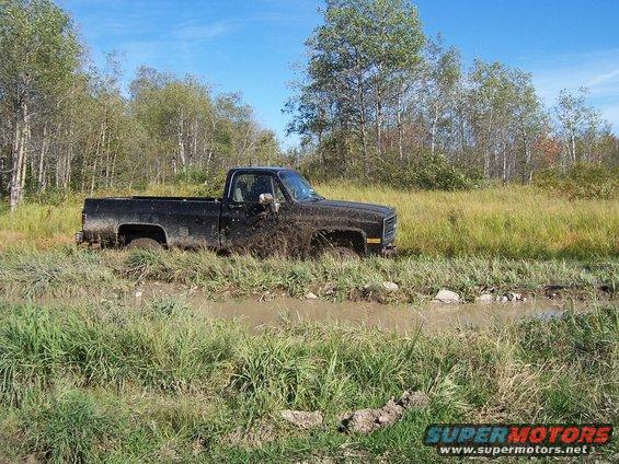 Side view of a black pickup truck stuck in mud and tall grass