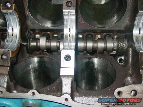 Engine block with camshaft and crankshaft bearings visible