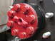 1989 Ford Bronco - Close-up view of a red axle hub assembly with eight bolts and gold washers visible.