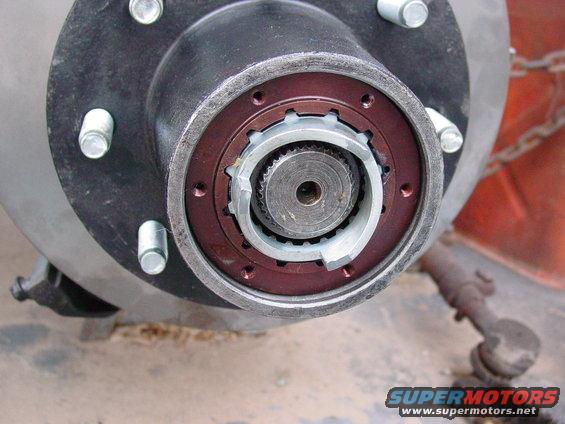 Close-up of a front hub assembly with a manual locking mechanism