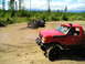 1989 Ford Bronco - Two pickup trucks navigate a muddy trail with dense forest in the background.