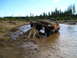 1989 Ford Bronco - Two trucks navigate a muddy, wooded area with a clear blue sky overhead.