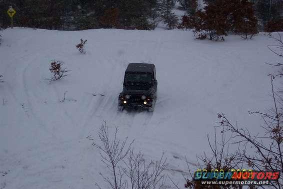 Black Jeep Wrangler driving in snow-covered landscape