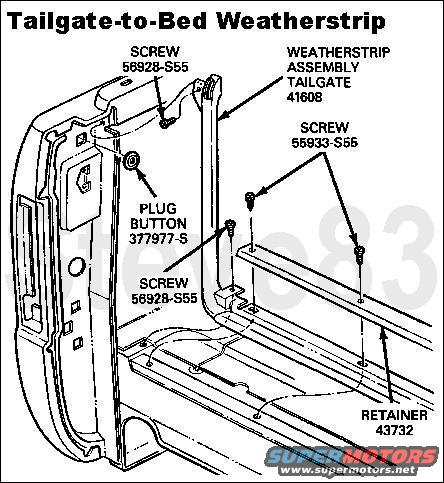 tgbedweatherstrip.jpg Tailgate Threshhold Seal '78-96

Note that the body style shown is '78-79 (taillight & strike mounting) and the actual threshhold is NOT shown.  But the seal & retainer are the same for '78-96.

The 56928-S55 screws are phillips head with large integral washer ~1/4&quot; long with self-drilling tip.The 55933-S55 screws are countersunk oval phillips head ~1/4&quot; long with normal pointed tip.