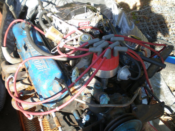 Close-up of a blue Ford V8 engine with red spark plug wires and a red distributor cap