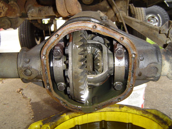 Differential gears with cover removed, showing internal components and oil