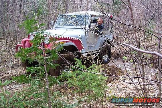 Silver Jeep CJ-5 with shark teeth paint and red bull bars navigating a muddy forest trail