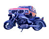 Blue motorcycle parked in front of a red and orange truck