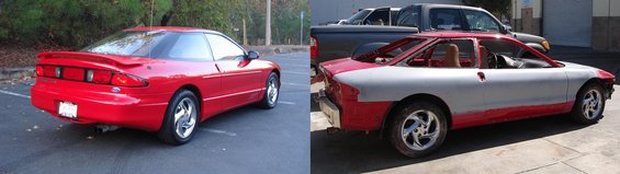 Red and primered 1996 Ford Probe, rear 3/4 view. Another vehicle is parked behind