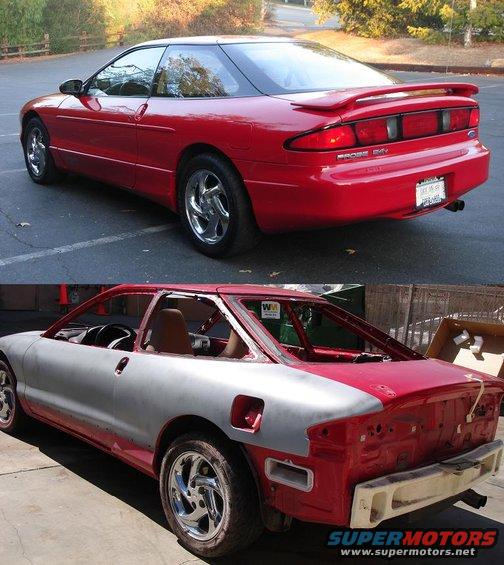 red 1996 Ford Probe, rear 3/4 view, and same car stripped down for bodywork