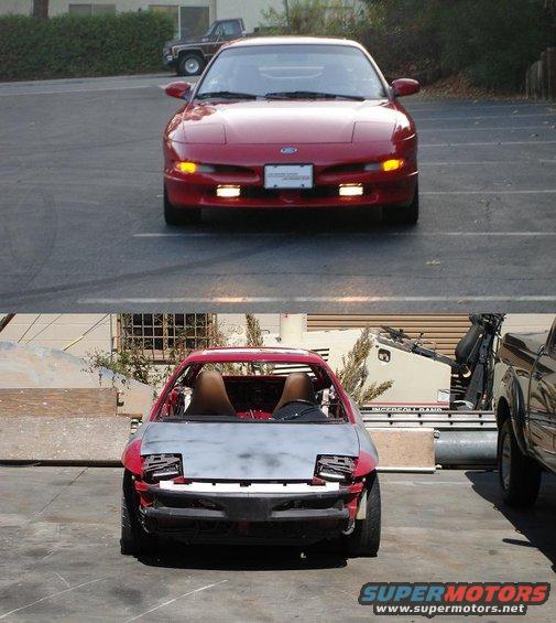 Red 1996 Ford Probe with a primered hood, front view