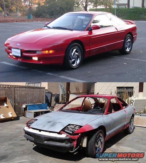 1996 Ford Probe in red next to a primer-gray 1996 Ford Probe undergoing restoration