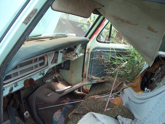 Interior view of a neglected 1970s truck or SUV, showing a cracked dashboard, torn upholstery, and overgrown vegetation inside