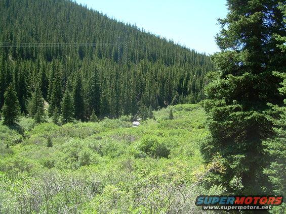 White SUV parked in a lush green valley with dense pine forest on a hillside