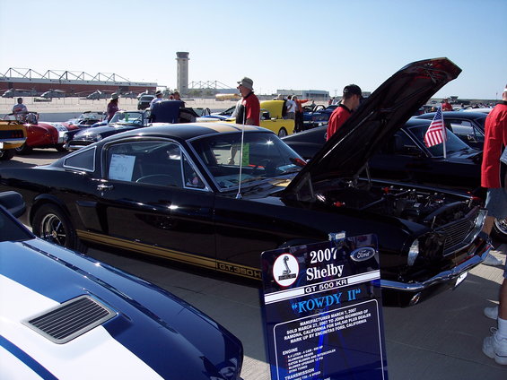 Black 2007 Shelby GT 500 KR with gold stripes, hood open, parked at car show. Sign in front details car