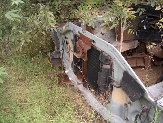 1979 Ford Bronco front end with radiator and overgrown vegetation