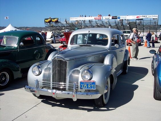 Silver Packard sedan with a chrome grille and California license plate 335 RYI