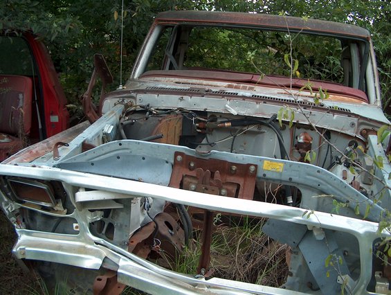 1979 Ford Bronco front view, rusted and overgrown