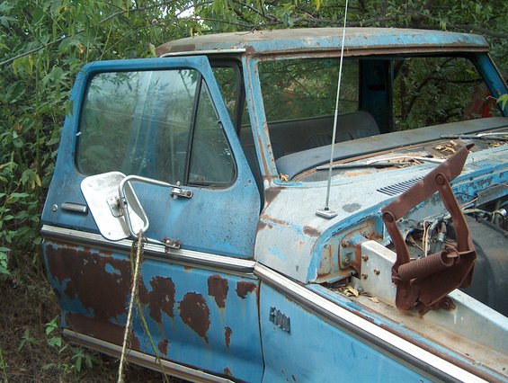 rusted blue truck cab, door open, side mirror attached, overgrown with plants