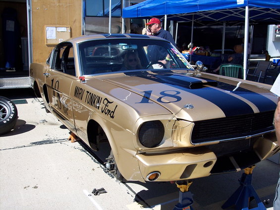 Gold 1965 Ford Mustang race car with black stripes, number 18, on jack stands