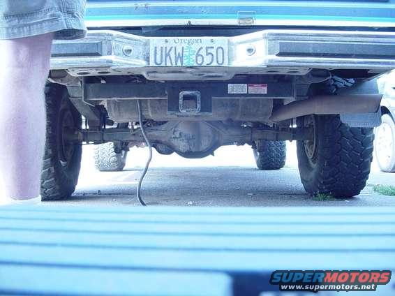 Rear view of a pickup truck showing the hitch and exhaust pipe. Oregon license plate UKW 650 is visible