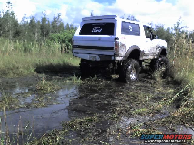 White Ford Bronco with lifted suspension stuck in mud, rear view
