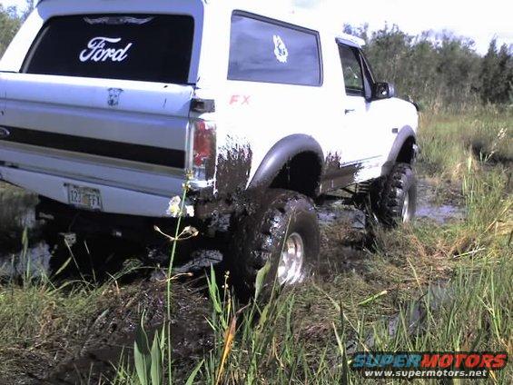 1995 Ford Bronco stuck in mud, rear view. License plate reads 123 FFX