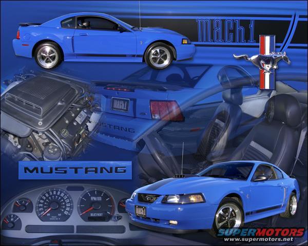 Blue Ford Mustang Mach 1 with engine, interior, and dashboard views. Also shows the rear and side profiles