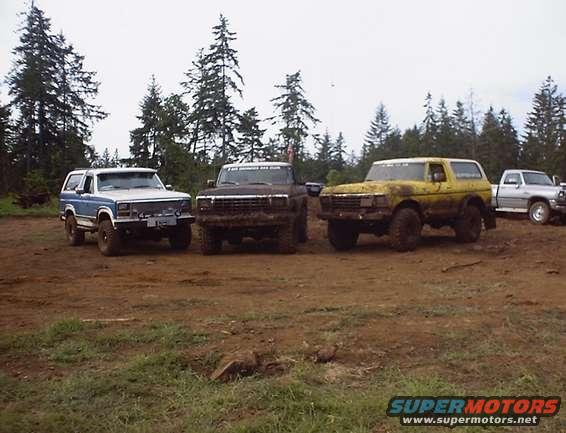 Four SUVs parked on dirt, trees in background. One is blue and white, one is dark, one is yellow, and a silver pickup is in the distance