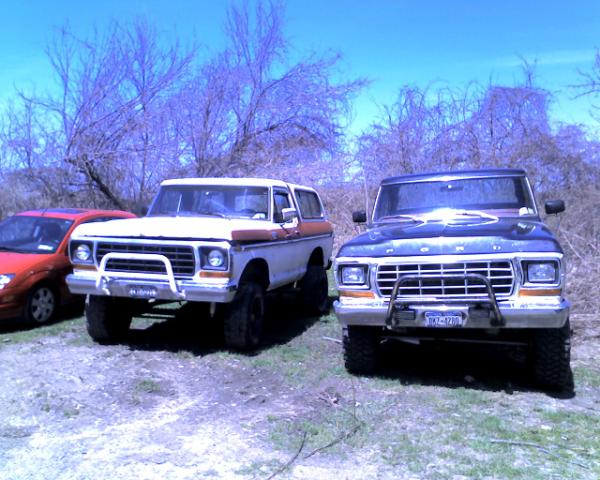 Two 1978 Ford Broncos parked side-by-side, with a red car to the left. The Bronco on the right has a dark blue top and the one on the left is white with an orange stripe