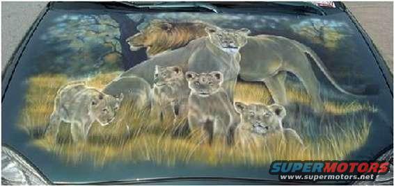 Airbrushed lions on a car hood. Supermotors.net logo visible