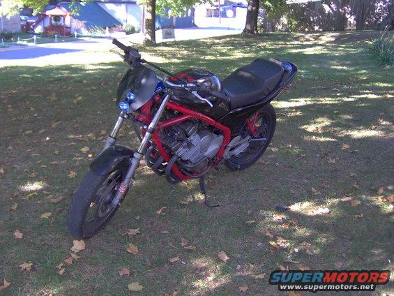 Black and red motorcycle parked on grass with fallen leaves
