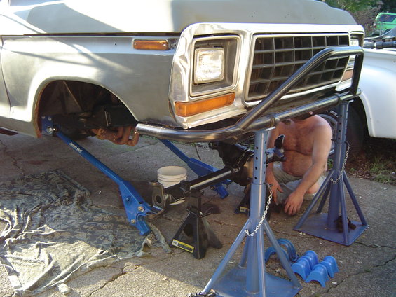 1978 Ford Bronco front end on jack stands with custom bumper