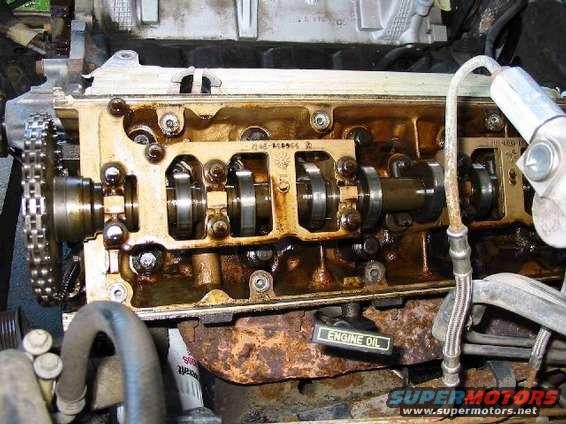 Close-up of an engine's valve train with camshafts and timing chain visible. 'ENGINE OIL' label is present