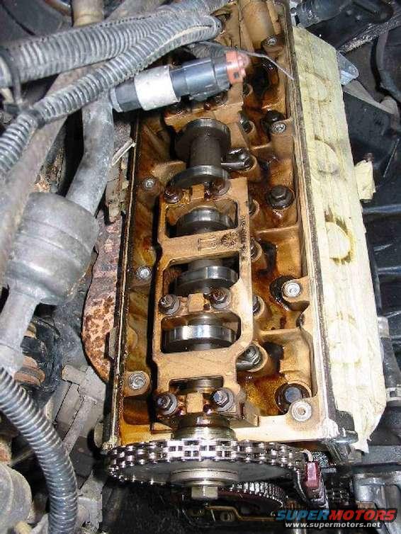 close-up of engine's valve train with camshaft and timing chain visible