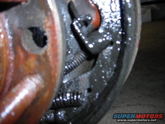 Greasy brake drum assembly with springs and brake shoes