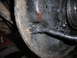 1995 Ford F-250 - Close-up view of a vehicle's brake drum assembly, showing grease and a brake line.