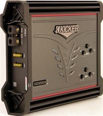 Kicker audio amplifier with red trim and black casing. Has input/output terminals and control knobs