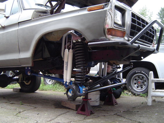 1978 Ford Bronco front suspension with lift kit components, James Duff shocks visible