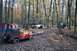 1992 Jeep Cherokee - Multiple Jeeps navigate a wooded trail with fallen leaves, one red Jeep is stuck in the mud.
