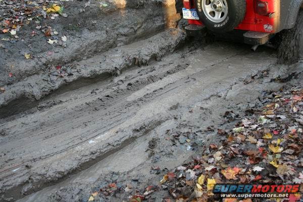 Red Jeep Wrangler's rear tire and bumper in mud. License plate BHD 543
