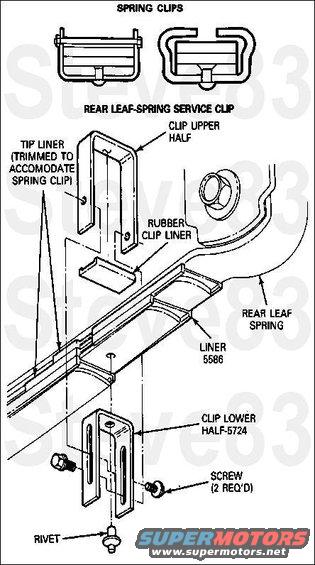 leafspringclip.jpg Rear Leaf Spring Squeak

To correct a squeaking condition at the rear leaf springs, first determine whether it is loose spring mounting bolts or the shackle bushings squeaking. If it is determined to be loose bolts, tighten them. If it is the bushings, replace them. If it is the springs, install [url=http://www.eatonsprings.com/tipinsertsreboundclipsubolts.html]spring tip liners[/url] (if none currently in spring) to correct the squeak. If the original spring clip is damaged during removal, install a new service spring clip. Also check for metal burrs rubbing between the leaves such as the clip rivet. These burrs should be removed.  If the springs still squeak, clean & lubricate them.

[url=http://www.eatonsprings.com/tipinsertsreboundclipsubolts.html]Tip Liner[/url] Installation

1. Raise the vehicle by the frame so that the rear axle hangs freely.
 
2. Provide clearance between the leaves of the spring to allow insertion of the tip liners. This will require either the removal of the restraining bolt on the spring clip, or the bending of the wrap-around clip ends, depending upon the type of clip. A prybar may be used at time of tip liner insertion to gain additional clearance.

3. Slide the liner (5586) between the leaves until the liner extends approximately 6.35mm (0.25 inch) beyond the tip of the lower leaf. Do not attempt to install a liner between the lowest primary leaf and the short, 12.70mm (0.50 inch) thick secondary leaf found at the bottom of the leaf stack on some assemblies.
 
4. Position a jack, such as Rotunda Transmission Jack 066-00016 or equivalent and raise the rear axle to load the rear leaf springs placing the leaves in contact with one another at the clip locations.
 
5. Reinstall production clips or install the [url=http://www.eatonsprings.com/tipinsertsreboundclipsubolts.html]replacement service clip[/url].

NOTE: On some of the tip liners, sections of the edge used to center the liner on the spring leaves may need to be trimmed off to accommodate the spring clip.

Service Spring Clip Installation

1. Load the rear leaf springs with the rear of the vehicle supported, either directly by the rear axle or by the tires. The spring leaves should all be in contact with one another at the intended clip location.

2. Remove the damaged clip. This is done by either removing the restraining bolt or by prying back the ends of the clip which are folded across the leaf spring until the clip can be freed from the spring. On some clips it will also be necessary to pry the locating pin out of the locating hole. (Locating holes are the holes punched out of the lowest leaf the clip encircles which indicate the proper spring clip location.)
 
3. Make sure the locating hole is clean and free of debris.
 
4. Position the lower part of the service clip (5724) across the width of the underside of the spring, such that the hole in the clip lines up with the locating hole in the spring. The legs of the clip lower half should extend down from the bottom of the spring.
 
5. Insert the drive rivet that comes with the clamp through the hole in the lower part of the service clip into the hole in the spring leaf. The flat face of the rivet flange should rest against the clip lower half.
 
6. Fully seat the rivet with a hammer. If there is not enough room to hit the rivet directly with a hammer, a punch may be used. The slotted legs of the clip lower half should extend downward, the outer surface of the legs flush with the sides of the leaf spring.
 
7. Place the rubber service clip liner across the top of the leaf spring, directly above where the bottom half of the clip attaches to the spring, with the flat surface against the leaf and the clip locating edges extending upward.
 
8. Place the clip upper half between the locating edges of the rubber liner and align the threaded holes in the clip upper half with the slots in the clip lower half.
 
9. Hand start the two screws through the clip lower half slot into the clip upper half threaded hole. The screw heads will be located under the spring, ultimately pressing against the inner surface of the clip lower half.
 
10. Squeeze the clip to the spring with one hand while tightening the screws. Tighten to 21-27 N-m (15-20 ft-lb).
___________________________________________________________
See also:
[url=https://www.supermotors.net/registry/media/1159306][img]https://www.supermotors.net/getfile/1159306/thumbnail/20200505_142947.jpg[/img][/url]