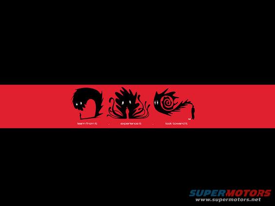 Black graphic art with red stripe showing three stylized creatures and text: learn from it, experience it, look toward it. Supermotors.net logo at bottom right