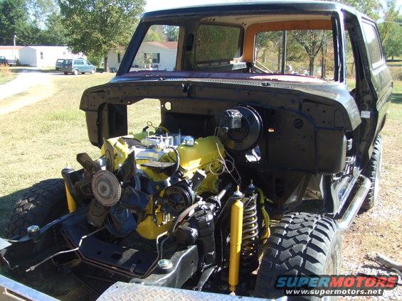 1979 Ford Bronco front view, engine exposed during restoration