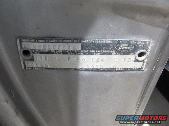VIN plate on a Ford F-150, shows 1978